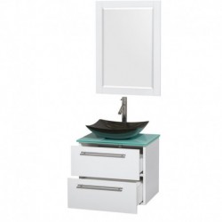 24 inch Single Bathroom Vanity in Glossy White, Green Glass Countertop, Arista Black Granite Sink, and 24 inch Mirror