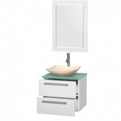 24 inch Single Bathroom Vanity in Glossy White, Green Glass Countertop, Arista Ivory Marble Sink, and 24 inch Mirror