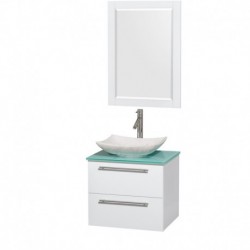 24 inch Single Bathroom Vanity in Glossy White, Green Glass Countertop, Arista White Carrera Marble Sink, and 24 inch Mirror
