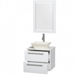24 inch Single Bathroom Vanity in Glossy White, White Man-Made Stone Countertop, Pyra Bone Porcelain Sink, and 24 inch Mirror