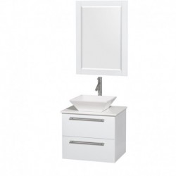 24 inch Single Bathroom Vanity in Glossy White, White Man-Made Stone Countertop, Pyra White Sink, and 24 inch Mirror