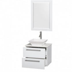 24 inch Single Bathroom Vanity in Glossy White, White Man-Made Stone Countertop, Pyra White Sink, and 24 inch Mirror