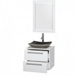 24 inch Single Bathroom Vanity in Glossy White, White Man-Made Stone Countertop, Altair Black Granite Sink, and 24 inch Mirror