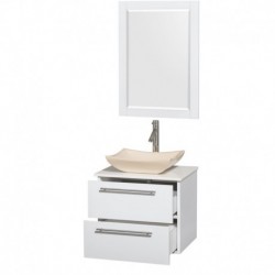 24 inch Single Bathroom Vanity in Glossy White, White Man-Made Stone Countertop, Avalon Ivory Marble Sink, and 24 inch Mirror