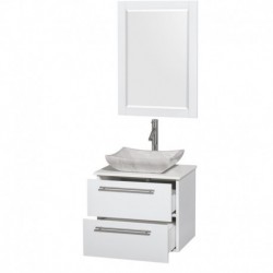 24 inch Single Bathroom Vanity in Glossy White, White Man-Made Stone Countertop, Avalon White Carrera Marble Sink, and 24 inch