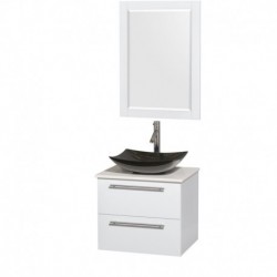 24 inch Single Bathroom Vanity in Glossy White, White Man-Made Stone Countertop, Arista Black Granite Sink, and 24 inch Mirror