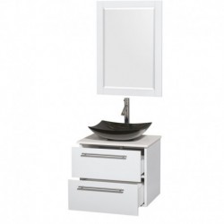 24 inch Single Bathroom Vanity in Glossy White, White Man-Made Stone Countertop, Arista Black Granite Sink, and 24 inch Mirror