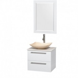 24 inch Single Bathroom Vanity in Glossy White, White Man-Made Stone Countertop, Arista Ivory Marble Sink, and 24 inch Mirror