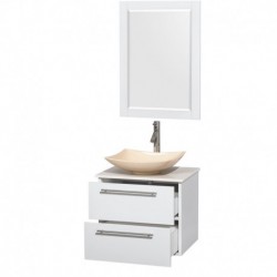 24 inch Single Bathroom Vanity in Glossy White, White Man-Made Stone Countertop, Arista Ivory Marble Sink, and 24 inch Mirror