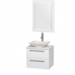 24 inch Single Bathroom Vanity in Glossy White, White Man-Made Stone Countertop, Arista White Carrera Marble Sink, and 24 inch