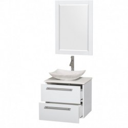 24 inch Single Bathroom Vanity in Glossy White, White Man-Made Stone Countertop, Arista White Carrera Marble Sink, and 24 inch