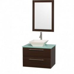 30 inch Single Bathroom Vanity in Espresso with Green Glass Top with Bone Porcelain Sink, and 24 inch Mirror