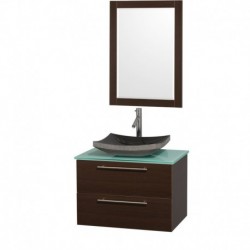 30 inch Single Bathroom Vanity in Espresso with Green Glass Top with Black Granite Sink, and 24 inch Mirror