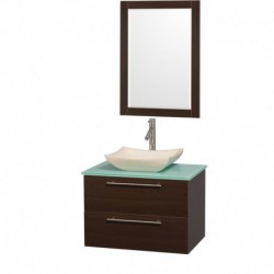 30 inch Single Bathroom Vanity in Espresso with Green Glass Top with Ivory Marble Sink, and 24 inch Mirror