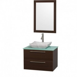 30 inch Single Bathroom Vanity in Espresso with Green Glass Top with Carrera Marble Sink, and 24 inch Mirror
