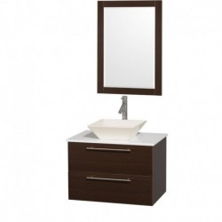 30 inch Single Bathroom Vanity in Espresso with White Man-Made Stone Top with Bone Porcelain Sink, and 24 inch Mirror