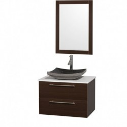 30 inch Single Bathroom Vanity in Espresso with White Man-Made Stone Top with Black Granite Sink, and 24 inch Mirror