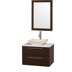 30 inch Single Bathroom Vanity in Espresso with White Man-Made Stone Top with Ivory Marble Sink, and 24 inch Mirror