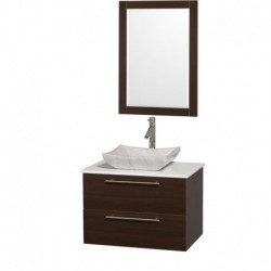 30 inch Single Bathroom Vanity in Espresso with White Man-Made Stone Top with Carrera Marble Sink, and 24 inch Mirror