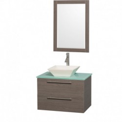 30 inch Single Bathroom Vanity in Gray Oak with Green Glass Top with Bone Porcelain Sink, and 24 inch Mirror