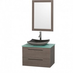 30 inch Single Bathroom Vanity in Gray Oak with Green Glass Top with Black Granite Sink, and 24 inch Mirror