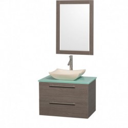 30 inch Single Bathroom Vanity in Gray Oak with Green Glass Top with Ivory Marble Sink, and 24 inch Mirror