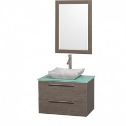 30 inch Single Bathroom Vanity in Gray Oak with Green Glass Top with Carrera Marble Sink, and 24 inch Mirror