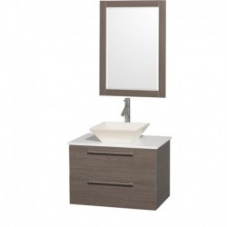 30 inch Single Bathroom Vanity in Gray Oak with White Man-Made Stone Top with Bone Porcelain Sink, and 24 inch Mirror