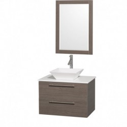 30 inch Single Bathroom Vanity in Gray Oak with White Man-Made Stone Top with White Porcelain Sink, and 24 inch Mirror
