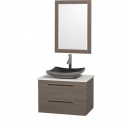 30 inch Single Bathroom Vanity in Gray Oak with White Man-Made Stone Top with Black Granite Sink, and 24 inch Mirror