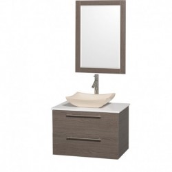 30 inch Single Bathroom Vanity in Gray Oak with White Man-Made Stone Top with Ivory Marble Sink, and 24 inch Mirror