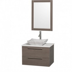 30 inch Single Bathroom Vanity in Gray Oak with White Man-Made Stone Top with Carrera Marble Sink, and 24 inch Mirror