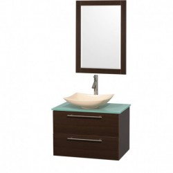 30 inch Single Bathroom Vanity in Espresso, Green Glass Countertop, Arista Ivory Marble Sink, and 24 inch Mirror