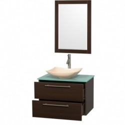 30 inch Single Bathroom Vanity in Espresso, Green Glass Countertop, Arista Ivory Marble Sink, and 24 inch Mirror