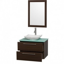 30 inch Single Bathroom Vanity in Espresso, Green Glass Countertop, Arista White Carrera Marble Sink, and 24 inch Mirror
