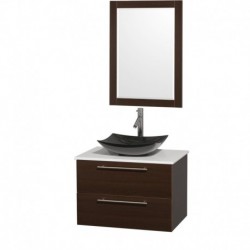 30 inch Single Bathroom Vanity in Espresso, White Man-Made Stone Countertop, Arista Black Granite Sink, and 24 inch Mirror