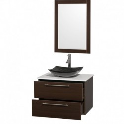 30 inch Single Bathroom Vanity in Espresso, White Man-Made Stone Countertop, Arista Black Granite Sink, and 24 inch Mirror