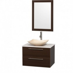 30 inch Single Bathroom Vanity in Espresso, White Man-Made Stone Countertop, Arista Ivory Marble Sink, and 24 inch Mirror