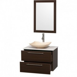 30 inch Single Bathroom Vanity in Espresso, White Man-Made Stone Countertop, Arista Ivory Marble Sink, and 24 inch Mirror