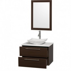 30 inch Single Bathroom Vanity in Espresso, White Man-Made Stone Countertop, Arista White Carrera Marble Sink, and 24 inch Mirr