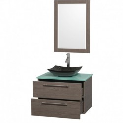 30 inch Single Bathroom Vanity in Gray Oak, Green Glass Countertop, Arista Black Granite Sink, and 24 inch Mirror