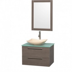 30 inch Single Bathroom Vanity in Gray Oak, Green Glass Countertop, Arista Ivory Marble Sink, and 24 inch Mirror
