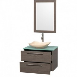 30 inch Single Bathroom Vanity in Gray Oak, Green Glass Countertop, Arista Ivory Marble Sink, and 24 inch Mirror