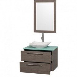 30 inch Single Bathroom Vanity in Gray Oak, Green Glass Countertop, Arista White Carrera Marble Sink, and 24 inch Mirror