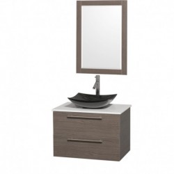 30 inch Single Bathroom Vanity in Gray Oak, White Man-Made Stone Countertop, Arista Black Granite Sink, and 24 inch Mirror