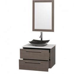30 inch Single Bathroom Vanity in Gray Oak, White Man-Made Stone Countertop, Arista Black Granite Sink, and 24 inch Mirror