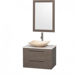 30 inch Single Bathroom Vanity in Gray Oak, White Man-Made Stone Countertop, Arista Ivory Marble Sink, and 24 inch Mirror