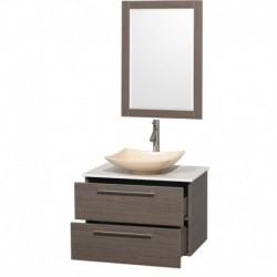 30 inch Single Bathroom Vanity in Gray Oak, White Man-Made Stone Countertop, Arista Ivory Marble Sink, and 24 inch Mirror
