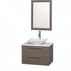 30 inch Single Bathroom Vanity in Gray Oak, White Man-Made Stone Countertop, Arista White Carrera Marble Sink, and 24 inch Mirr