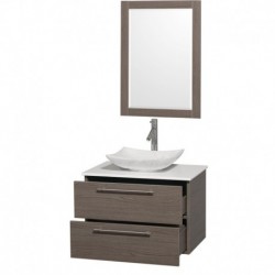 30 inch Single Bathroom Vanity in Gray Oak, White Man-Made Stone Countertop, Arista White Carrera Marble Sink, and 24 inch Mirr